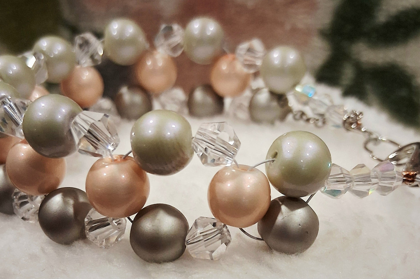 Elegant Pastel Pearl & Crystal Bracelet – Handcrafted on Tiger Tail Wire