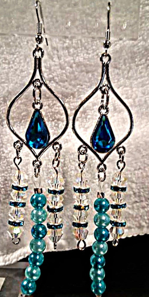 Ocean Crystal Chandelier Earrings – Handmade Elegance with Blue Glass & Crystal Beads
