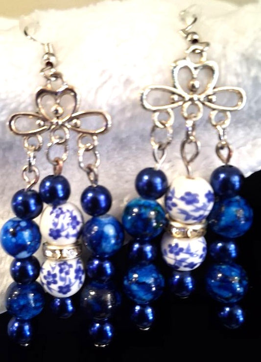 Blue Blossom Chandelier Earrings – Handcrafted Elegance with Porcelain & Pearls
