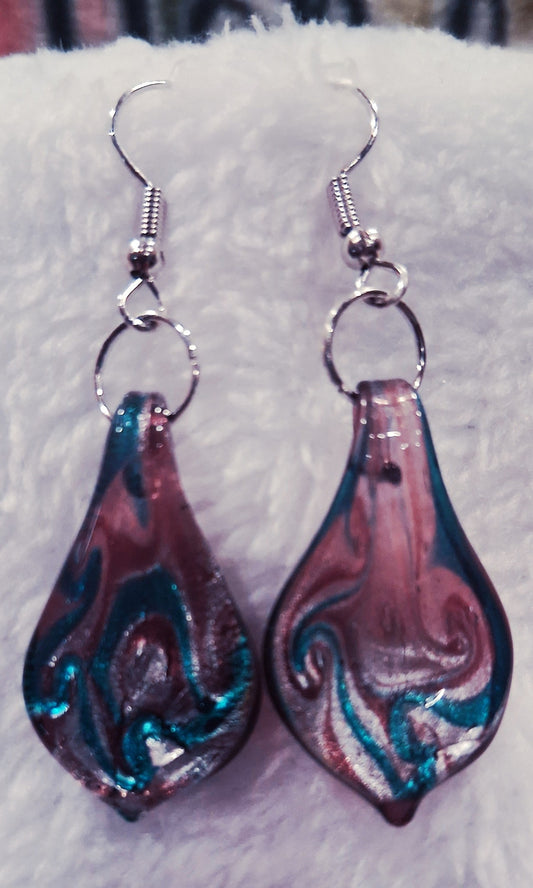 Teal & Maroon Swirl Glass Drop Earrings – Handmade Elegance