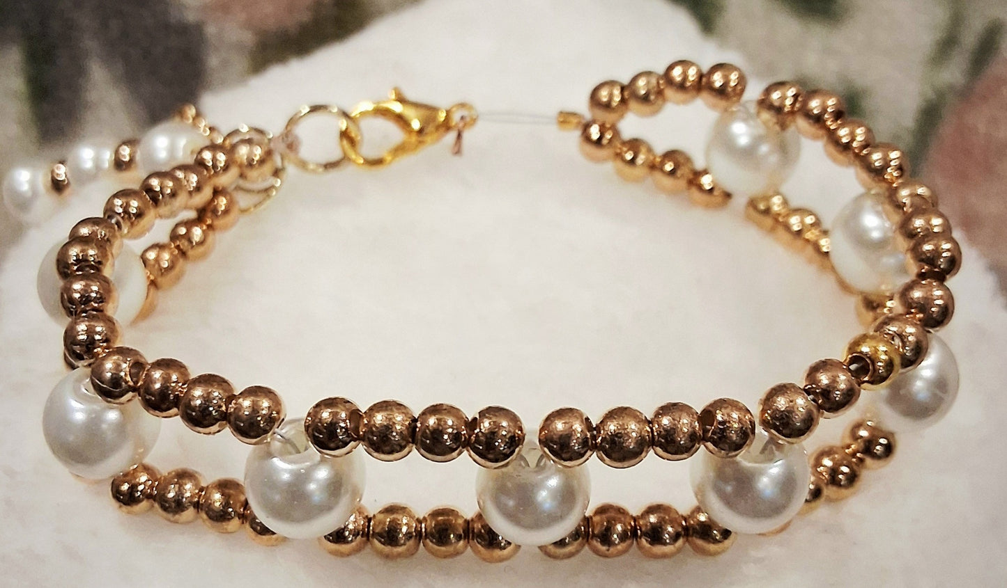 Elegant Gold & Pearl Beaded Bracelet – Double Strand