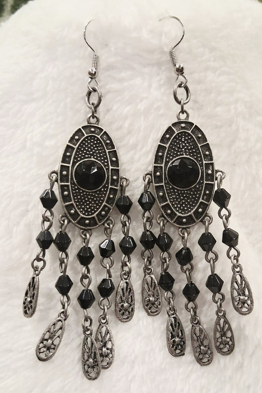 "Midnight Elegance" Black Filigree & Bead Chandelier Earrings